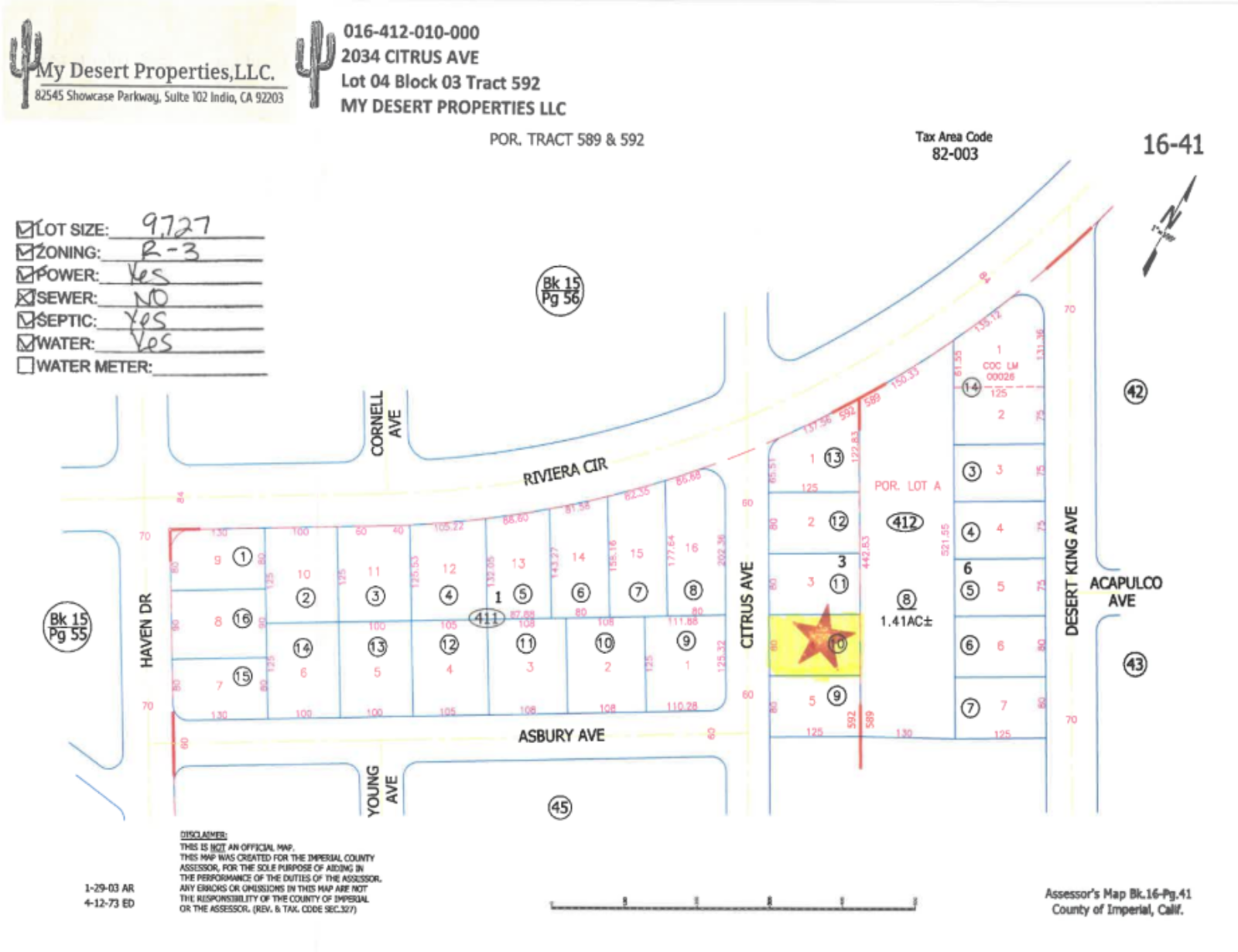 RESIDENTIAL LOT NEAR COMMERCIAL AREA AND HIGHWAY 86!! LOW MONTHLY PAYMENTS OF $235.00   2034 Citrus Ave., Salton City, CA 92275 APN: 016-412-010-000