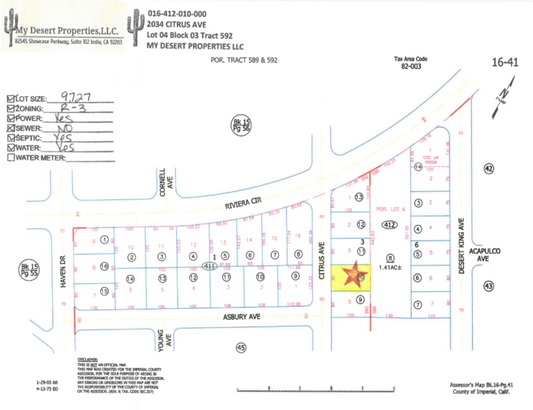 RESIDENTIAL LOT NEAR COMMERCIAL AREA AND HIGHWAY 86!! LOW MONTHLY PAYMENTS OF $235.00   2034 Citrus Ave., Salton City, CA 92275 APN: 016-412-010-000