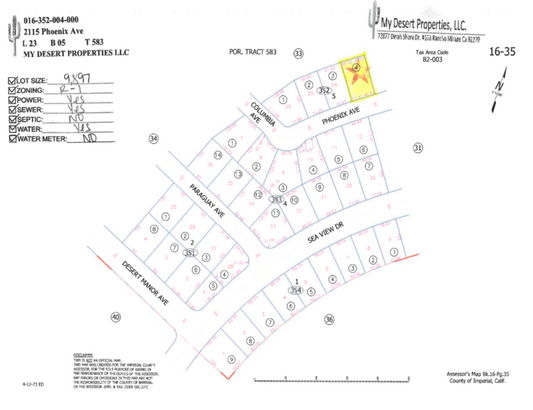 RESIDENTIAL LOT IN A QUIET AREA IN SALTON CITY!! LOW MONTHLY PAYMENTS OF $235.00   2115 Phoenix Ave., Salton City, CA 92275 APN: 016-352-004-000